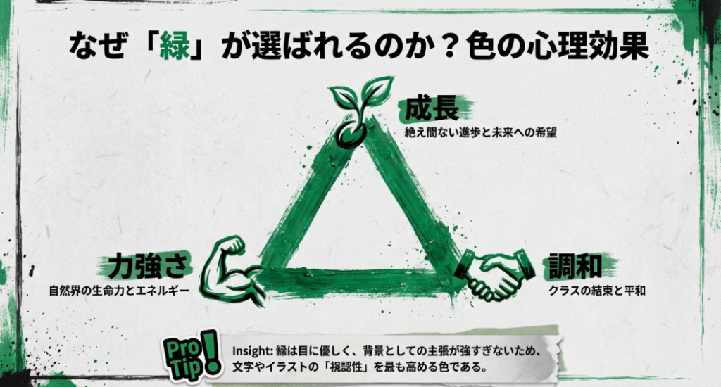 学級旗に緑が選ばれる理由として、成長、力強さ、調和の3つの心理効果と、視認性を高めるメリットを解説したスライド。