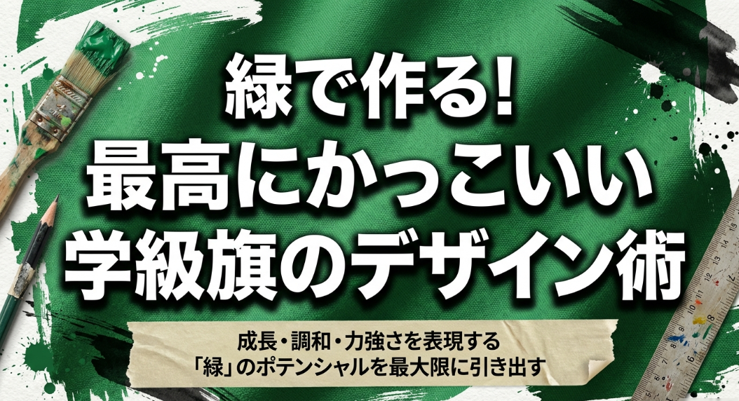 緑を基調としたかっこいい学級旗のデザイン術を紹介するタイトルスライド。成長・調和・力強さを表現するポテンシャルについて記載