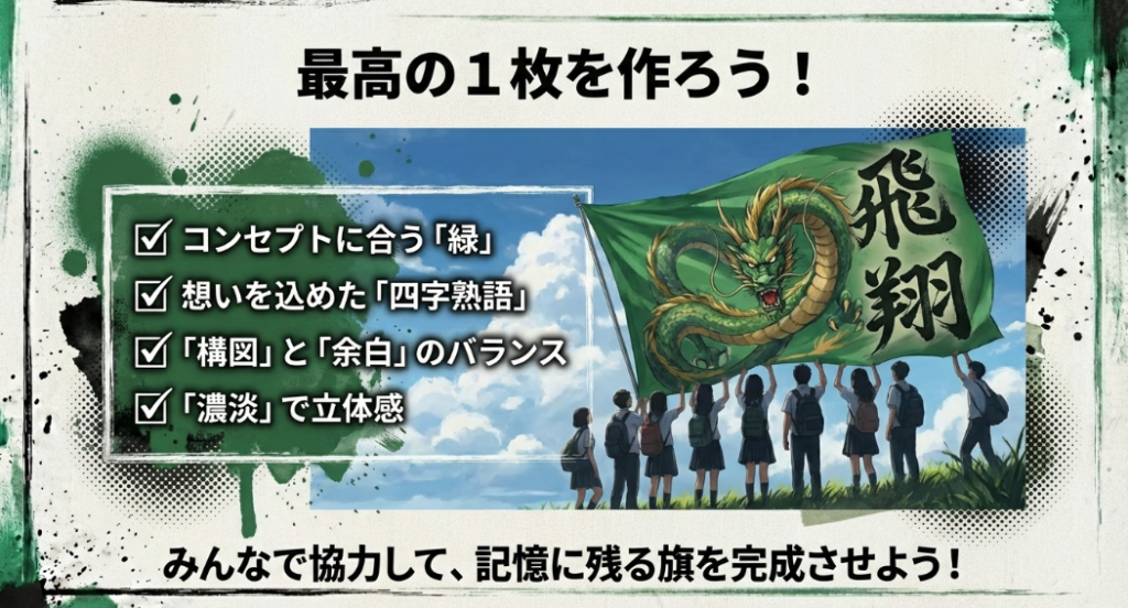 コンセプトに合う緑、想いを込めた四字熟語、構図と余白、濃淡のバランスなど、最高の1枚を作るためのポイントをまとめた最終スライド。