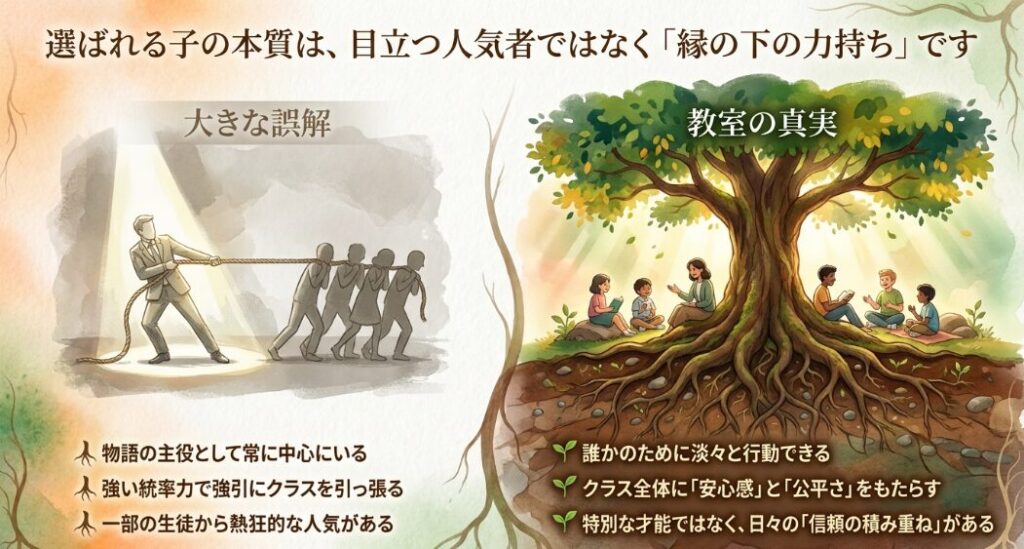 選ばれる子の本質は、目立つ人気者ではなく、誰かのために淡々と行動できる「縁の下の力持ち」であることを示すスライド