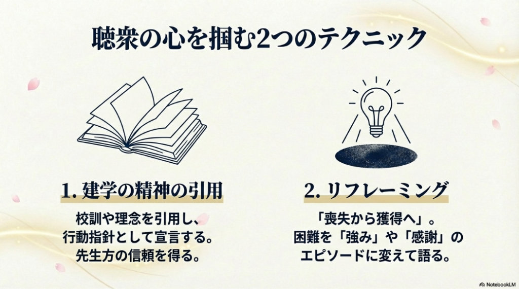 建学の精神の引用と、困難を感謝に変えるリフレーミングの2つの手法を解説したスライド