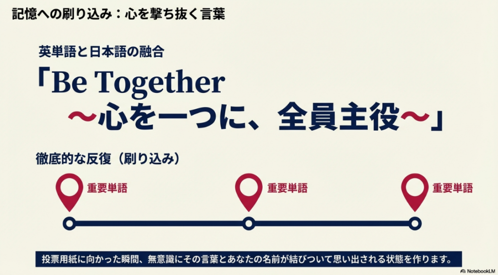 英単語と日本語を融合させたスローガン「Be Together」の解説図