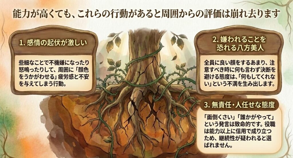 感情の起伏が激しい、嫌われることを恐れる八方美人、無責任・人任せといった、周囲からの評価が崩れ去るNG行動