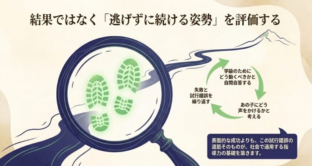 失敗と試行錯誤を繰り返し、学級のためにどう動くか自問自答する姿勢が指導力の基礎を築くことを表した図解