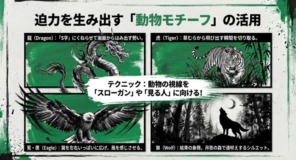 龍、虎、鷲、狼などの動物モチーフを描く際の構図のコツと、視線をスローガンに向けるテクニックを解説したスライド。