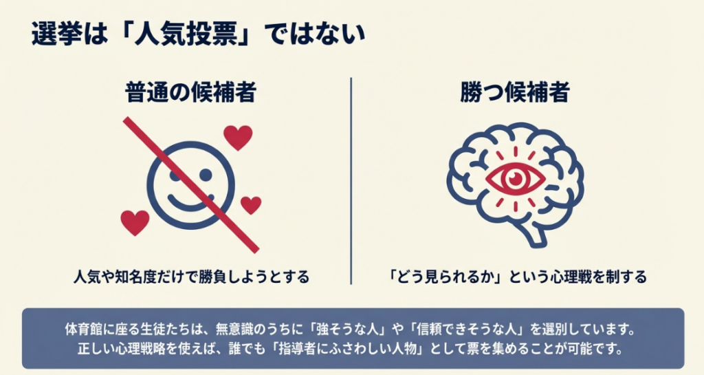 笑顔とハートマークが否定され、目のついた脳が描かれた心理戦をイメージするイラスト