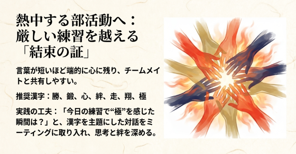 勝、鍛、心など、部活動の厳しい練習を乗り越えチームメイトとの結束を高める推奨漢字