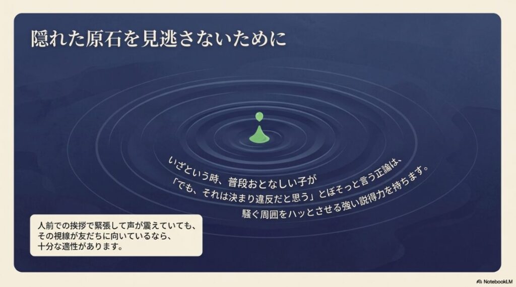 いざという時に正論を言う子や、人前での挨拶で緊張しても視線が友達に向いている子には適性があることを示すスライド