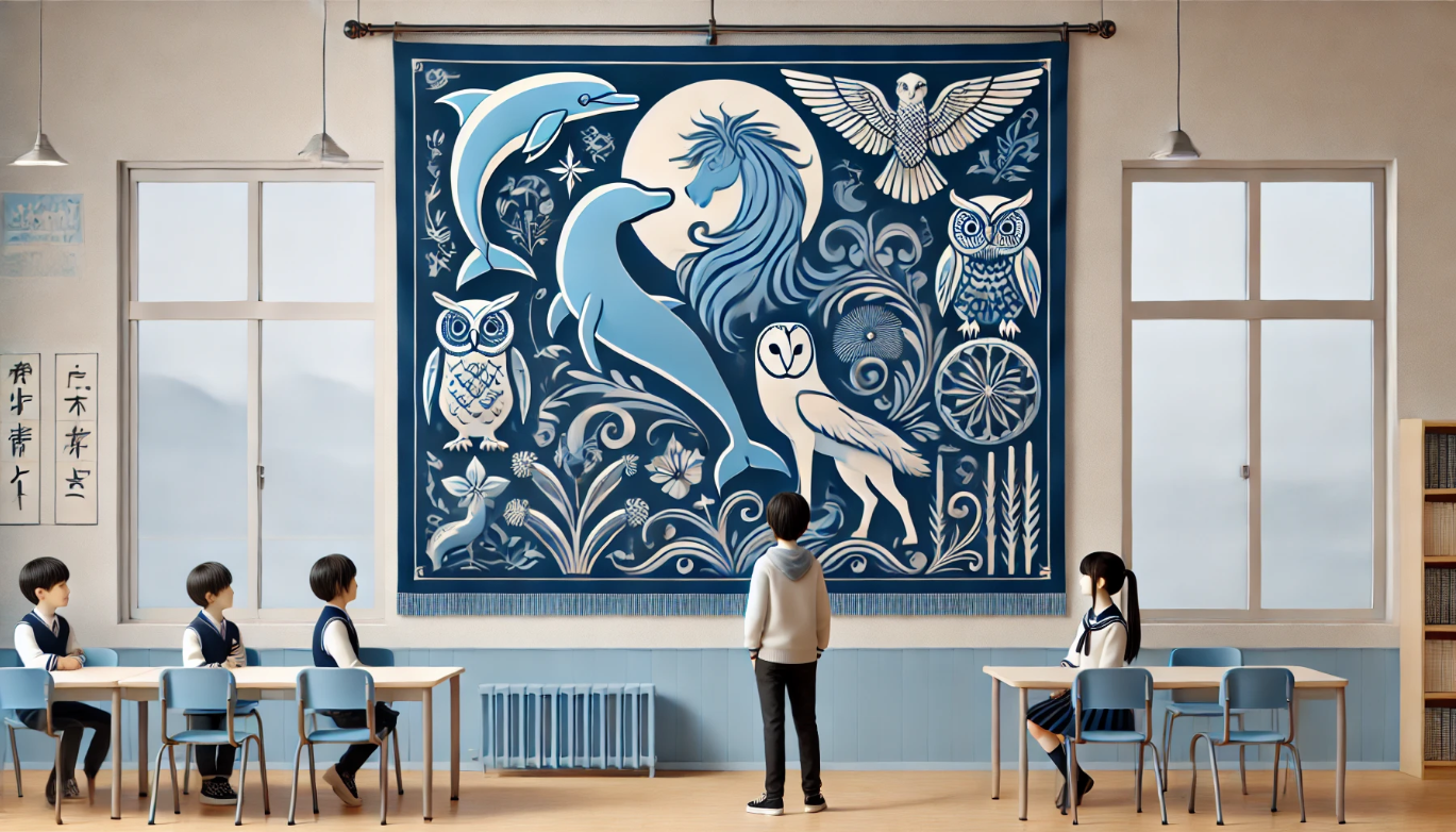 青の学級旗に映えるおしゃれな動物モチーフ例