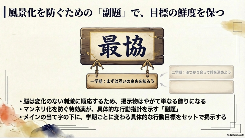 一学期と二学期でサブタイトルを変更し学級目標のマンネリ化を防ぐ工夫