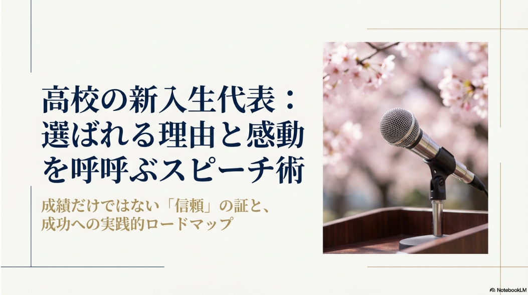 桜を背景にしたマイクの画像と「高校の新入生代表：選ばれる理由と感動を呼ぶスピーチ術」というタイトルのスライド