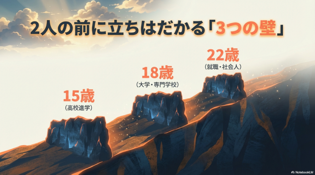 2人の前に立ちはだかる「3つの壁」。15歳（高校進学）、18歳（大学・専門学校）、22歳（就職・社会人）