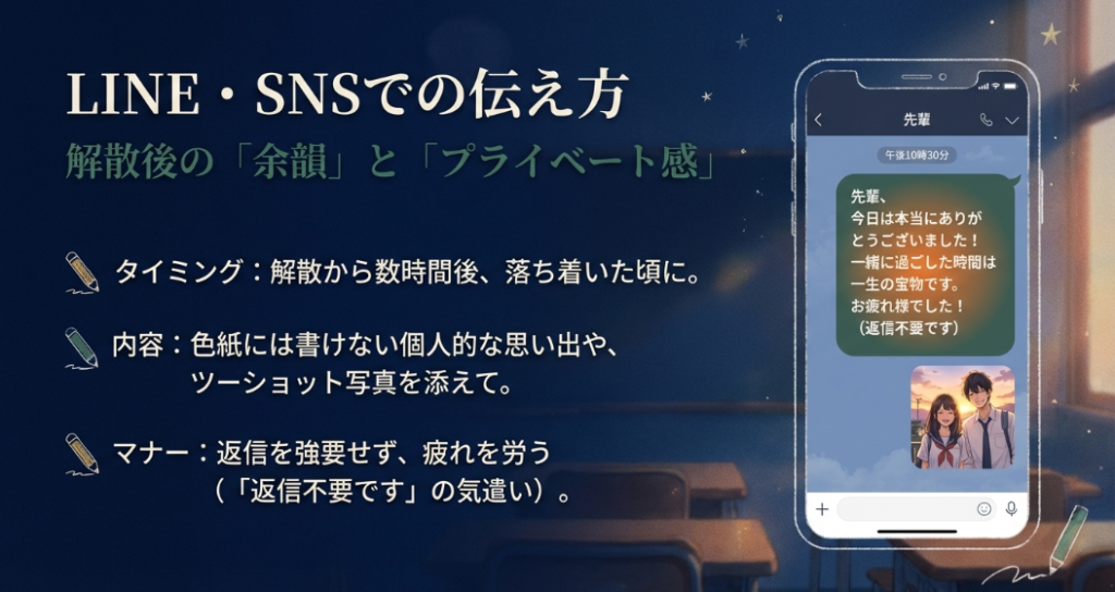 解散後の余韻を大切にするタイミングや、返信不要といった気遣いなどのSNSマナーの解説