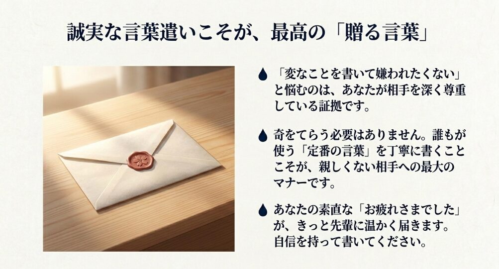 親しくない先輩への引退メッセージでは、奇をてらわず定番の言葉を丁寧に書くことが大切だと伝えるスライド