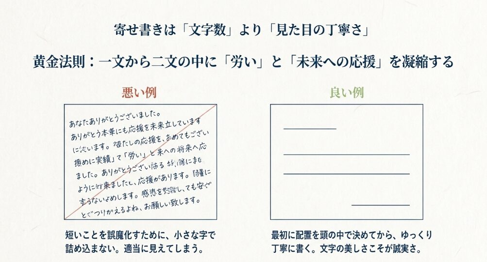 部活の先輩への寄せ書きでは、文字数よりも配置や読みやすさ、丁寧な書き方が大切だと示したスライド
