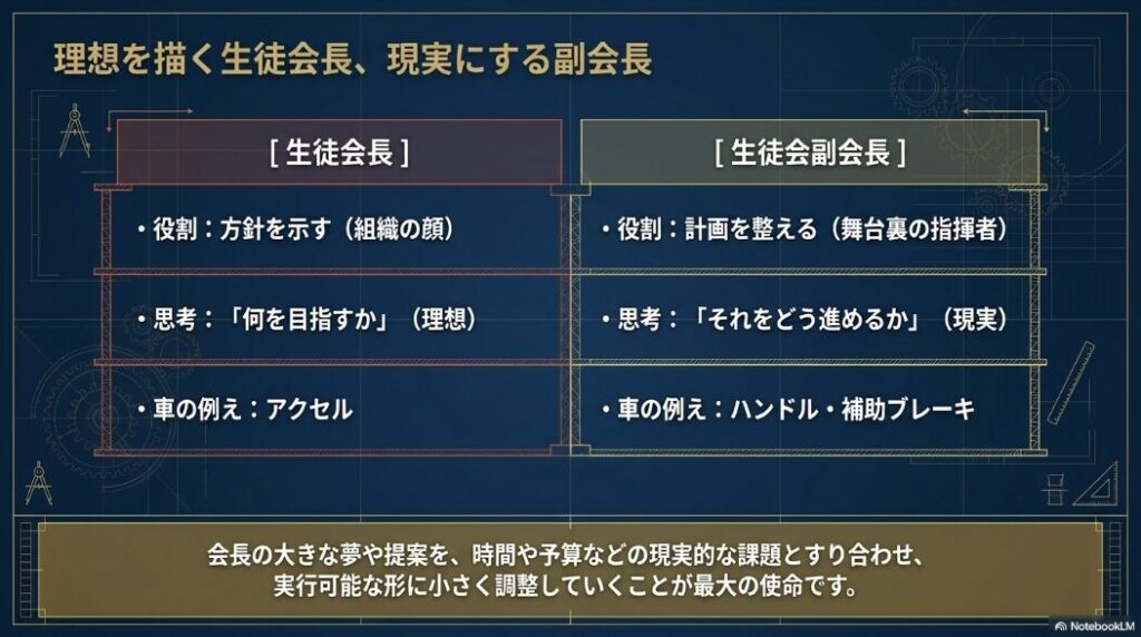 生徒会長は理想や方針を示し、副会長は計画を整えて現実的に進める役割であることを比較したスライド。