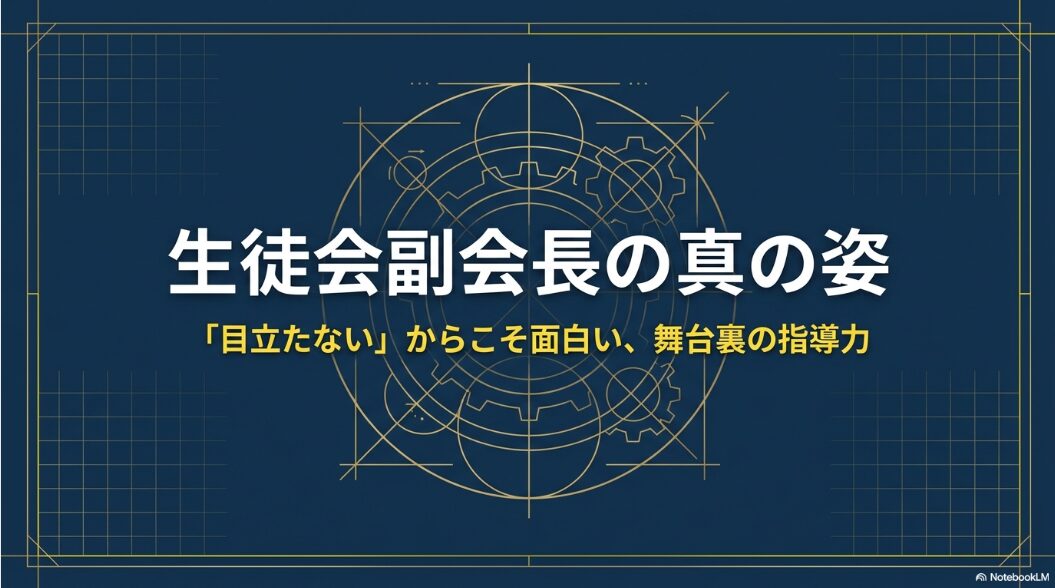 生徒会副会長は目立たない裏方として、学校行事や生徒会活動を支える重要な役割であることを示す表紙スライド。