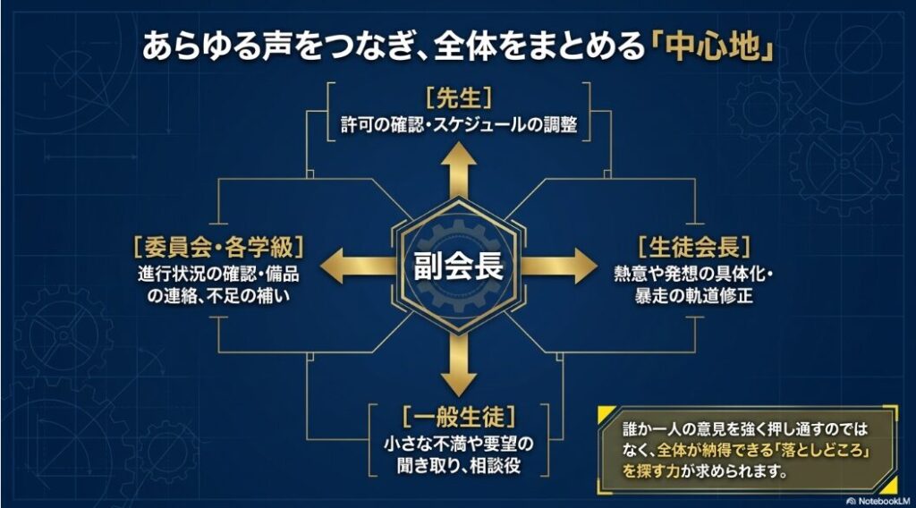 副会長が先生、生徒会長、委員会、一般生徒の間に立ち、意見や連絡をつなぐ調整役であることを示した図解スライド。