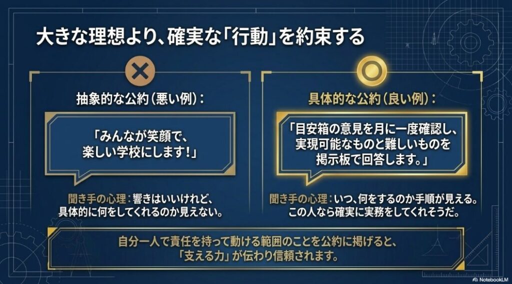 抽象的な公約よりも、目安箱の意見確認など具体的な行動を示す方が副会長候補として信頼されやすいことを説明したスライド。
