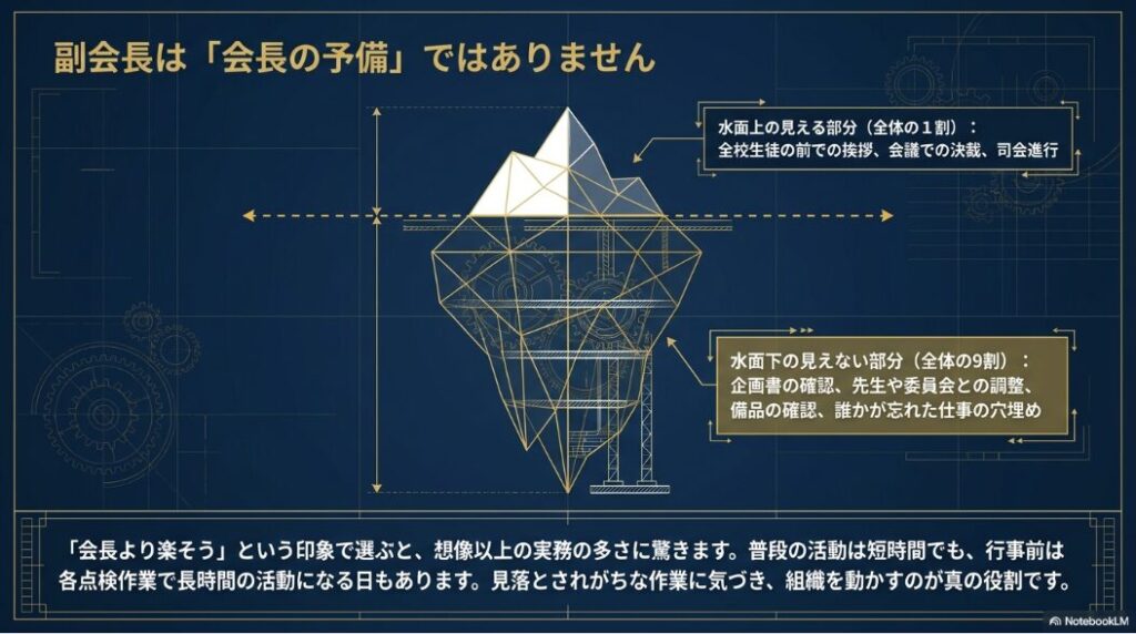 生徒会副会長の仕事は表に見える活動だけでなく、企画書確認や先生・委員会との調整など多くの裏方業務で成り立つことを示したスライド。