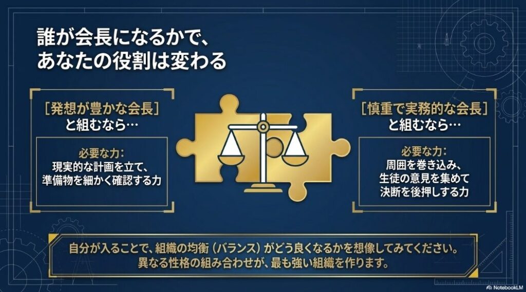 発想が豊かな会長には計画力、慎重で実務的な会長には周囲を巻き込む力が必要になることを示したスライド。