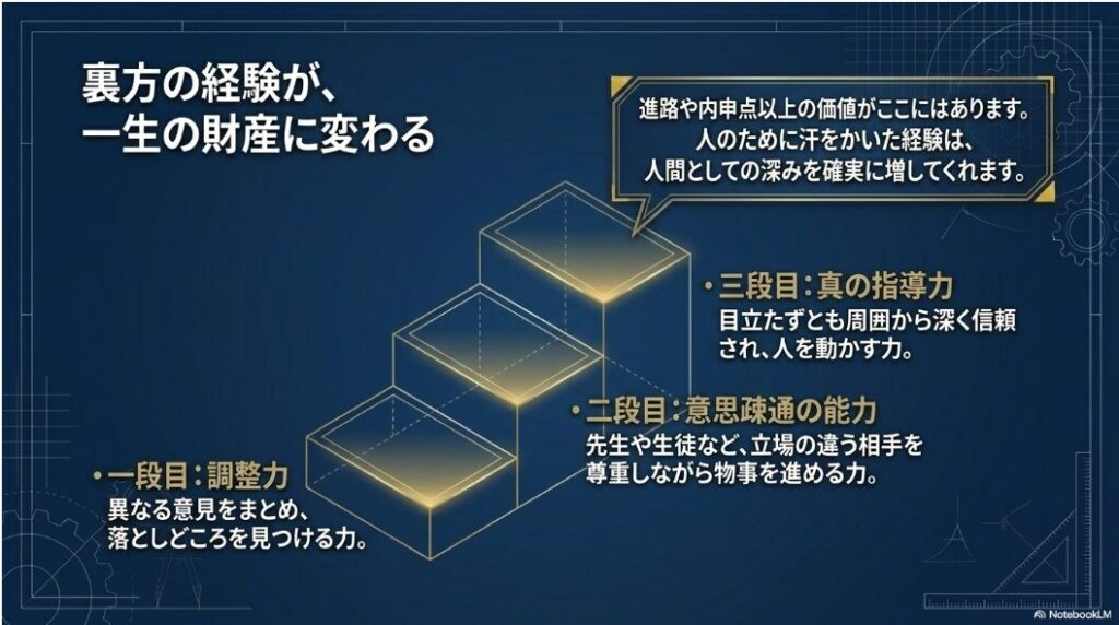 副会長の経験を通じて、調整力、意思疎通の能力、真の指導力が段階的に身につくことを示したスライド。