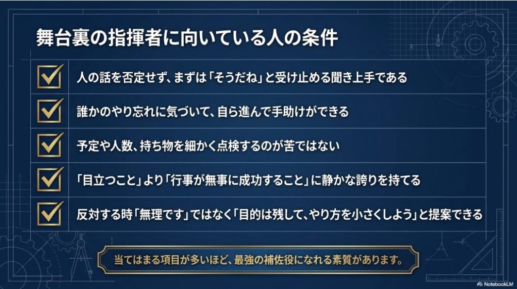 聞き上手、手助けできる力、細かな確認力、目立たない仕事への誇り、現実的な代案を出す力など、副会長向きの条件をチェックリストで示したスライド。