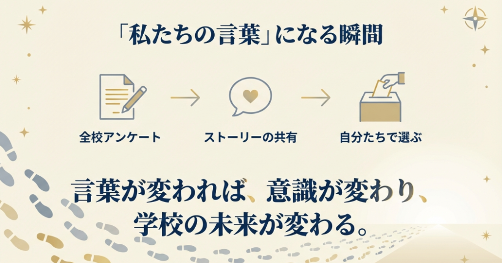 アンケート、ストーリーの共有、自分たちで選ぶというプロセスを経て学校の未来を変えるスローガンを決める手順。