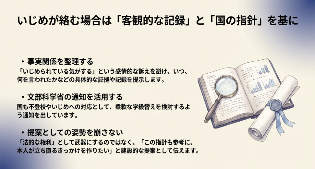 いじめが絡むクラス編成の相談では、客観的な記録の提示と文部科学省の指針を活用して建設的な提案を行う