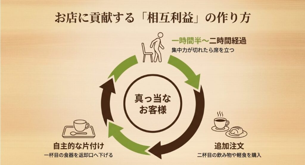 お店に貢献する相互利益の作り方。追加注文と自主的な片付け