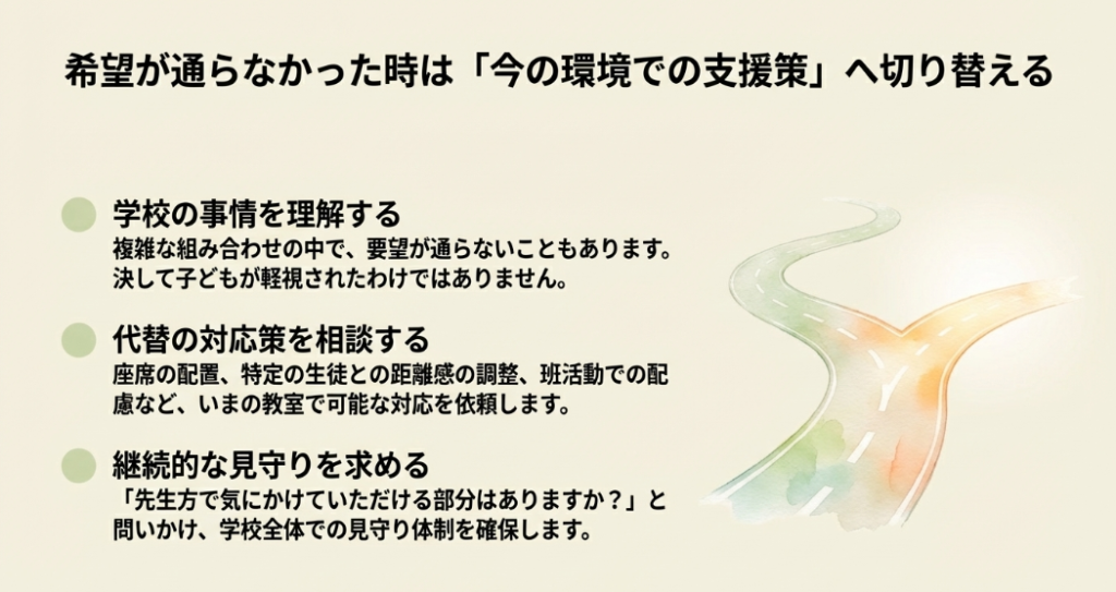 希望が通らなかった時は学校の事情を理解し、座席配置などの代替対応策や継続的な見守りを求める