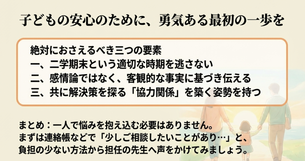 クラス替え相談でおさえるべき適切な時期、客観的な事実、協力関係の3要素と、連絡帳を活用した最初の一歩