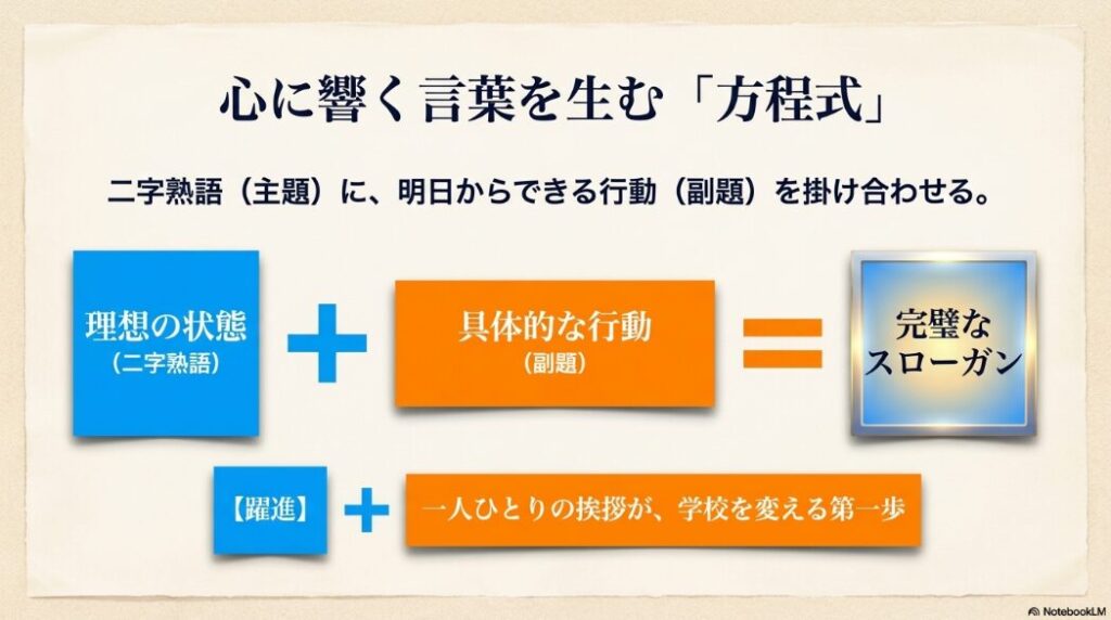 心に響く言葉を生む方程式（二字熟語の主題に明日からできる行動の副題を掛け合わせる）