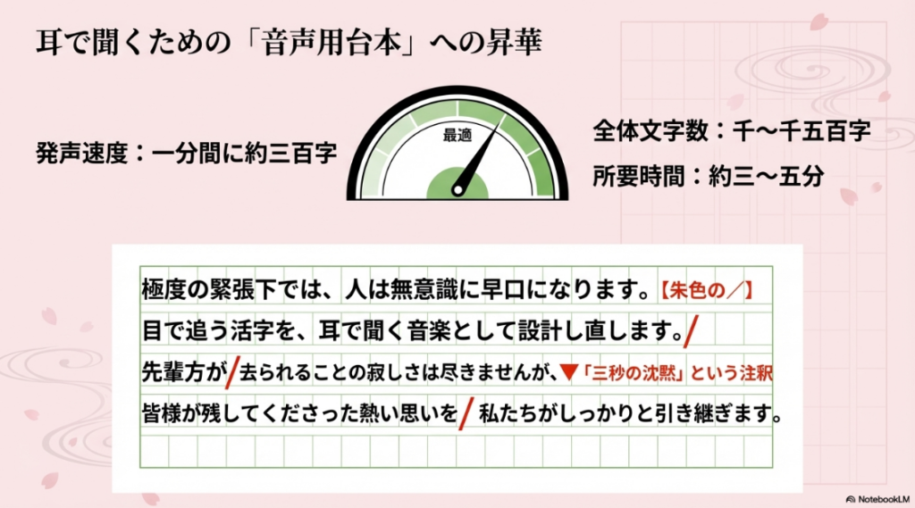 スピーチの最適速度（1分間に約300字）の目安と、息継ぎや間を書き込んだ音声用台本の例