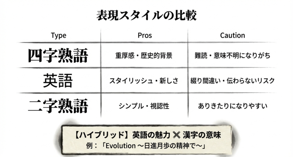 四字熟語、英語、二字熟語のメリットと注意点を比較し、英語と漢字を組み合わせたハイブリッド形式を提案するスライド。