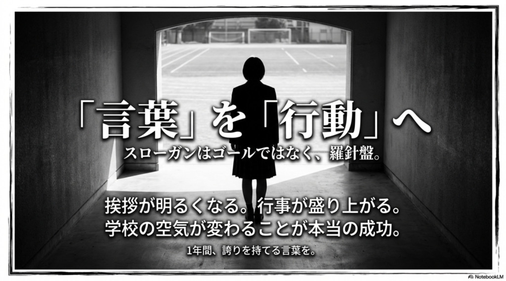 スローガンをゴールではなく活動の羅針盤（指針）として捉え、学校の空気を変えることの重要性を説くスライド。