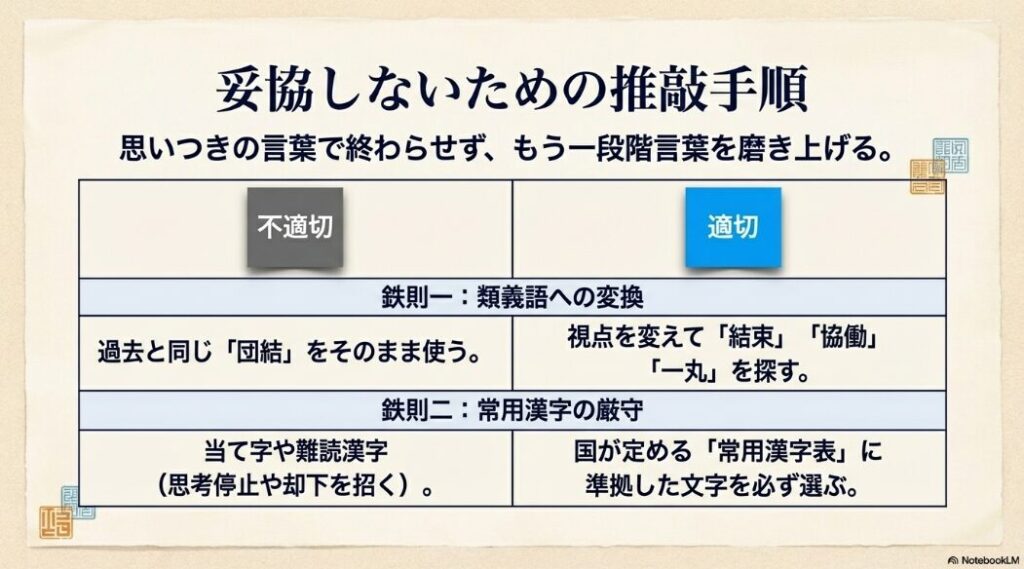 妥協しないためのスローガン推敲手順（類義語への変換と常用漢字の厳守）