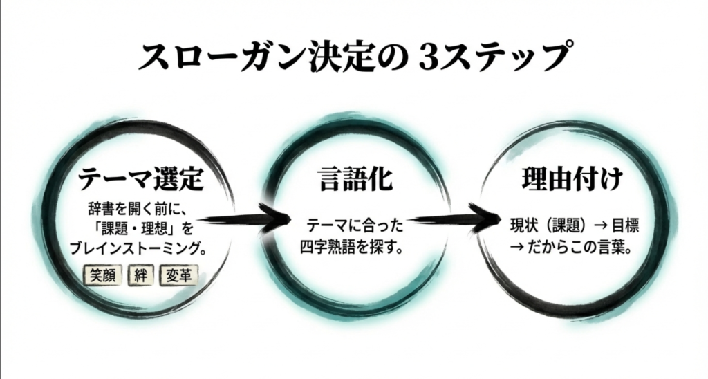 テーマ選定（課題・理想の抽出）、言語化、理由付けという具体的な作成手順を説明するスライド。
