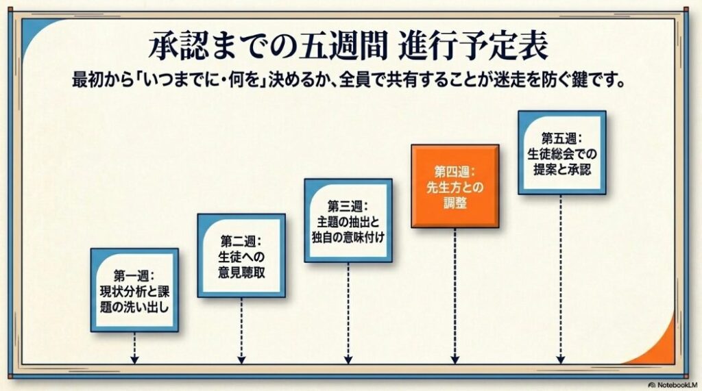 スローガン承認までの5週間進行予定表（現状分析から生徒総会での承認まで）