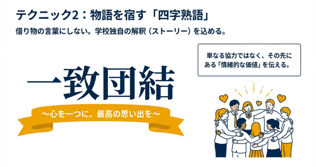 「一致団結」という四字熟語に情緒的な価値を加えるサブタイトルの例と、円陣を組む生徒たちのイラスト。