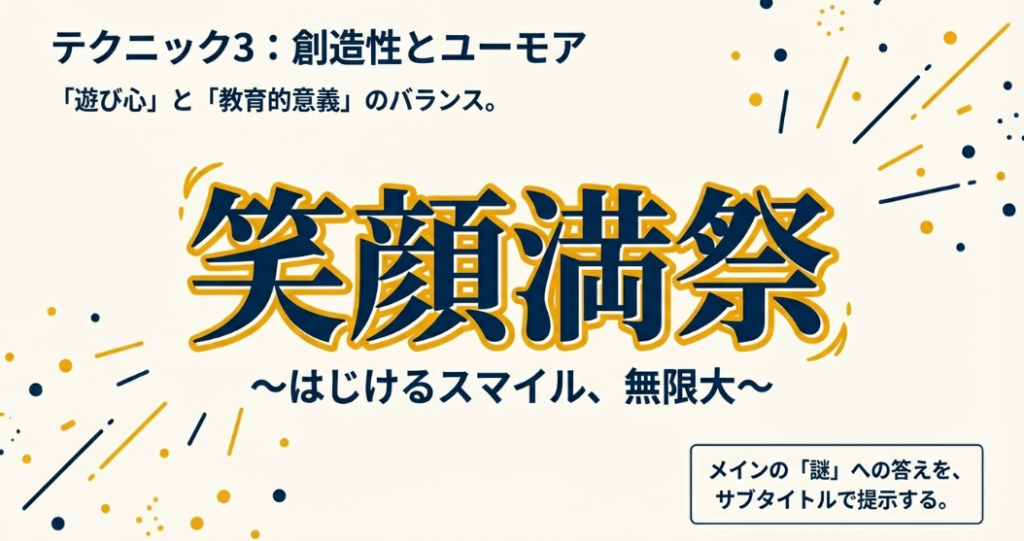 創作漢字「笑顔満祭」を例に、メインの謎をサブタイトルで解き明かすユーモアのあるスローガンの作り方。