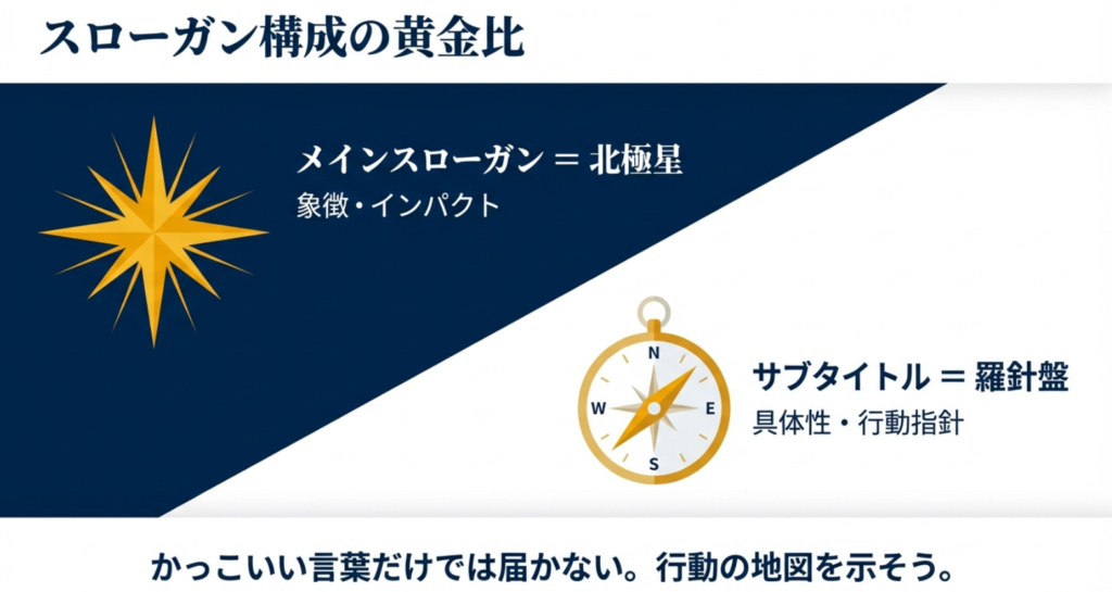 メインスローガンを象徴・インパクト（北極星）、サブタイトルを具体性・行動指針（羅針盤）に見立てた構成の黄金比。