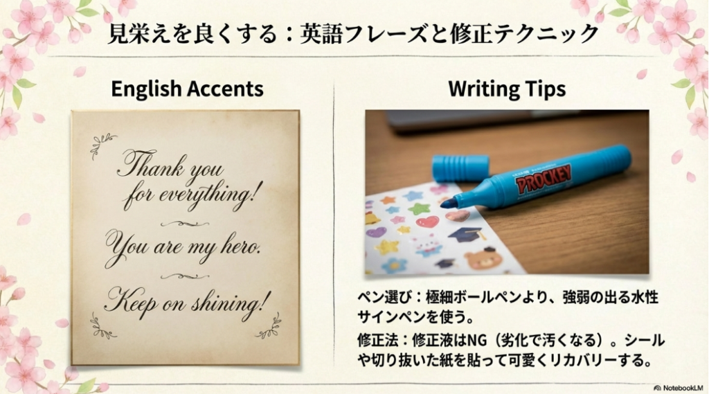 水性ペンとシールの写真と、色紙の見栄えを良くする英語フレーズや、シールを使った書き損じのリカバリー方法