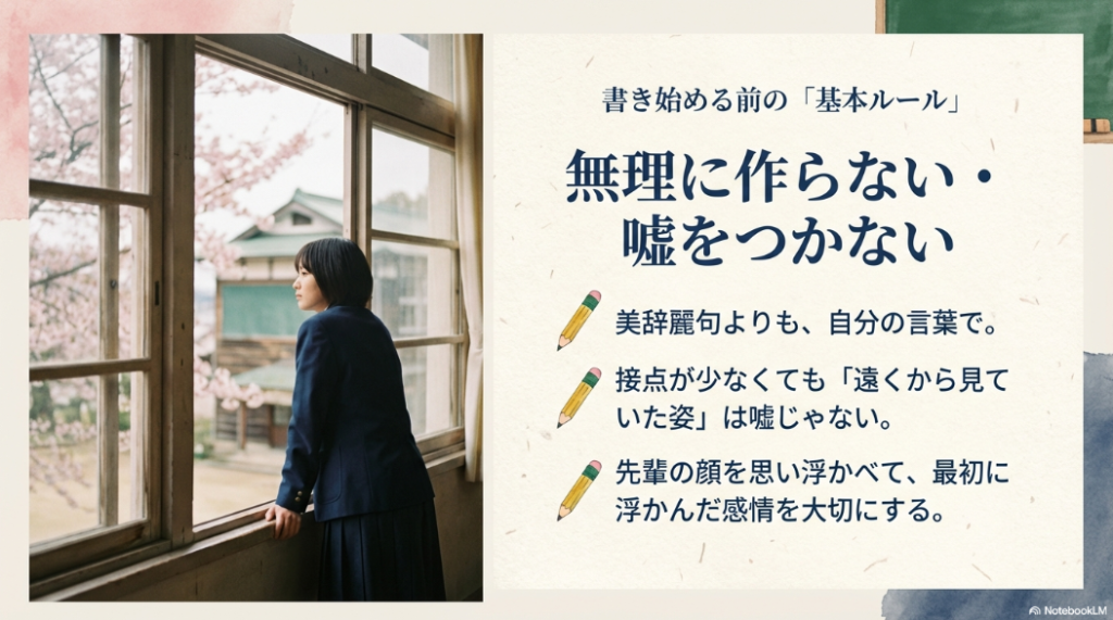 無理に作らず嘘をつかないなど、自分の言葉で伝えるためのメッセージ作成の基本ルール