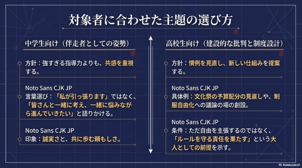 対象者に合わせた主題の選び方。中学生向けは伴走者としての姿勢、高校生向けは建設的な批判と制度設計