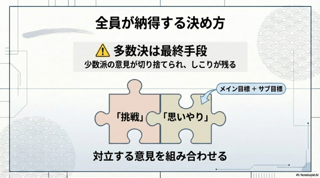 多数決を避け、対立する意見をメイン目標とサブ目標に組み合わせる方法