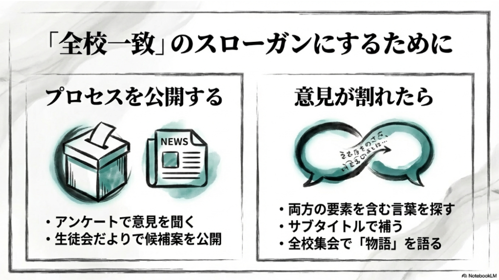 意見が割れた際の対処法や、アンケート・広報を通じた合意形成のプロセスを解説するスライド。