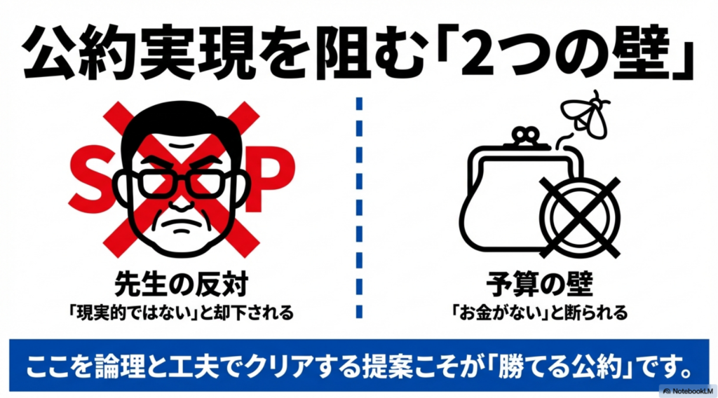 公約実現を阻む先生の反対と予算不足の壁を示すイラスト