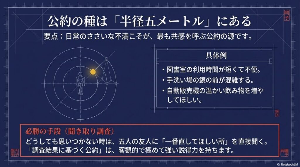 日常のささいな不満から公約を見つける方法と、友人5人に直接聞くヒアリング調査の勧め