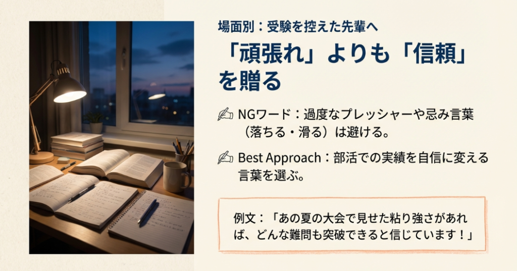 受験を控えた先輩へのNGワード（忌み言葉）の注意と、部活での実績を自信に変える言葉選びの解説